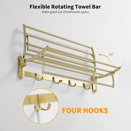 Miniatura 5 de BESy Toalleros de 24 Pulgadas en Oro Cepillado, Estante de Toallas de Baño con Barra Plegable y Ganchos para Toallas, Accesorios de Baño