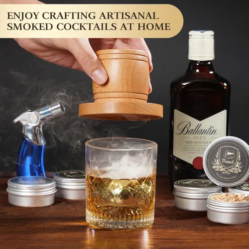 Miniatura 2 de Kit de ahumador de whisky con antorcha, kit de ahumador de cóctel a la antigua moda con chips de madera de 6 sabores, 2 bolas de hielo de acero