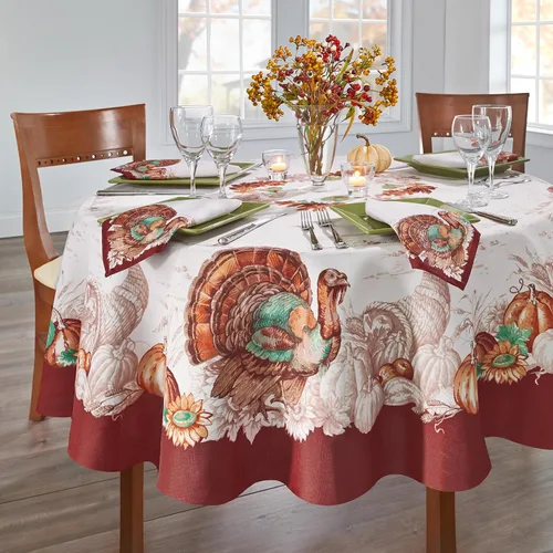 Miniatura 2 de Elrene Home Fashions Mantel Navideño con Borde de Pavo de Otoño Resistente a las Arrugas, Cubierta de Mesa de Comedor de Temporada, 70" Redondo