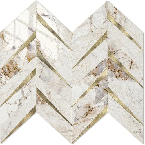 Miniatura 10 de STICKGOO 10 hojas de azulejos en espiga para despegar y pegar, mármol Calacatta mezclado con PVC dorado claro para salpicaderos, azulejos de pared