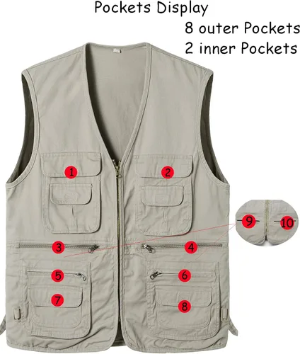 Miniatura 5 de Chaleco de pesca para hombre con múltiples bolsillos, sin mangas, chaleco de caza, safari, viajes, al aire libre, chaleco casual