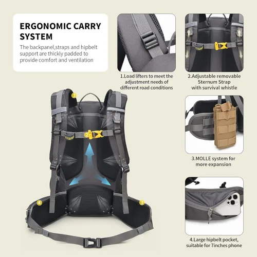 Miniatura 3 de SKYSPER Mochila de senderismo para hombres y mujeres, mochila de viaje de 35 litros, impermeable, mochila de campamento ligera para exteriores gris