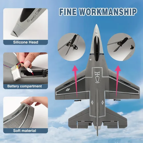 Miniatura 2 de jaming Avión de control remoto de 3 canales para adultos, F16 RC Fighter con giroscopio de 6 ejes, avión de control remoto de 2.4 GHz para Gris