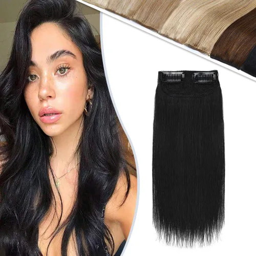 Hairro Extensiones de cabello humano Remy con clip, para hombres y mujeres, para añadir volumen de cabello, sin costuras, 8 pulgadas, #1 negro #1