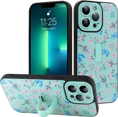 Miniatura 95 de Funda diseñada para iPhone 17 Pro Max con soporte plegable y correa para dedos, bonito patrón de lazo de corazón de flor rosa para mujeres y niñas