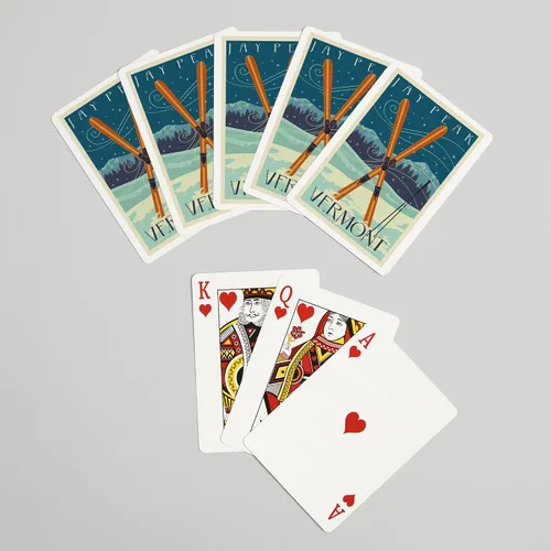 Miniatura 7 de Jay Peak, Vermont, Cross Skis, Letterpress (52 cartas de juego, baraja de cartas de tamaño póker con comodines)