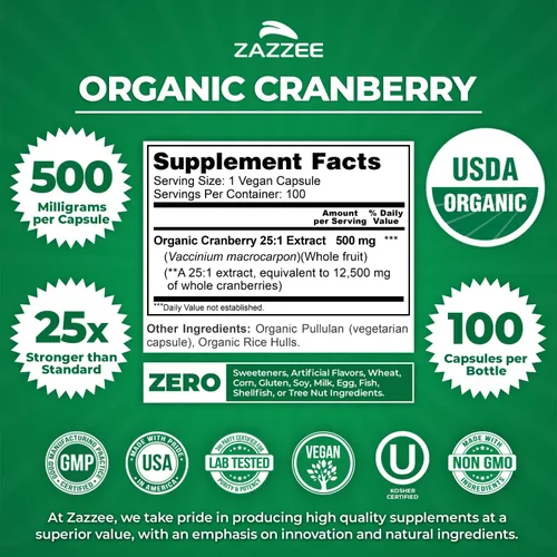 Miniatura 3 de Zazzee USDA Organic Cranberry 25:1 Extracto, 500 mg por cápsula, 100 cápsulas veganas, suministro para más de 3 meses, extracto estandarizado
