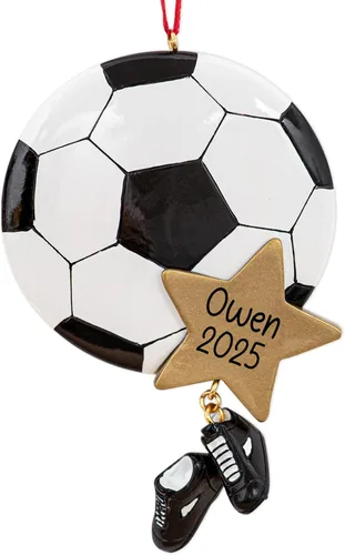 Miniatura 9 de Adorno Navideño Personalizado de Fútbol 2025 Pelota de Fútbol con Estrellas Doradas, Césped y Red de Portería para Árbol de Navidad - Regalo