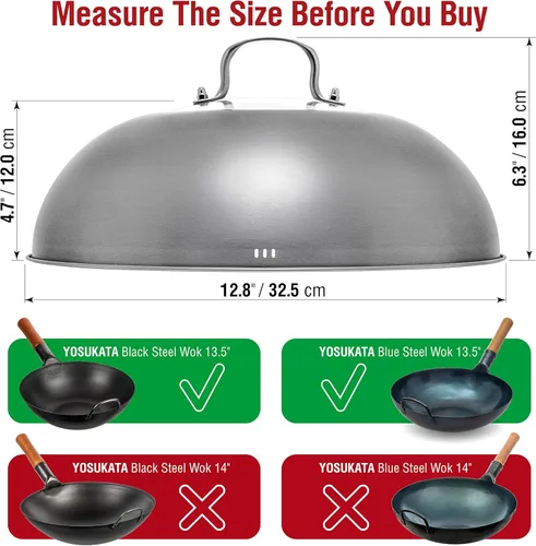 Miniatura 3 de YOSUKATA Tapa de Wok de 12.8 Pulgadas para Wok de 13.5 Pulgadas - Cubierta de Acero Inoxidable Premium con Inserto de Vidrio Templado, Orificios