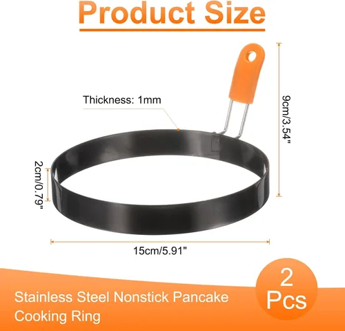 Miniatura 2 de HARFINGTON 2 anillos de huevo de 6 pulgadas de acero inoxidable antiadherente para panqueques con mango de silicona para freír huevos sándwich