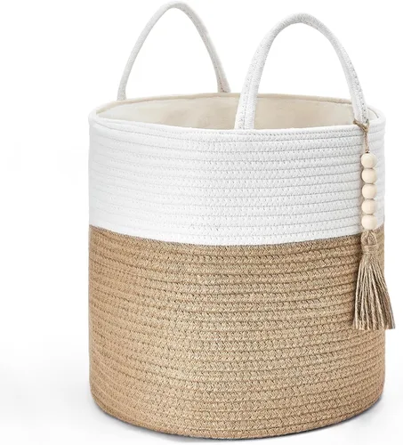 Miniatura 13 de Mkono Cesta Alta de Mimbre para Ropa Sucia Cesta de Almacenamiento Tejida Cesta Decorativa de Cuerda Natural Decoración de Cuentas de Madera