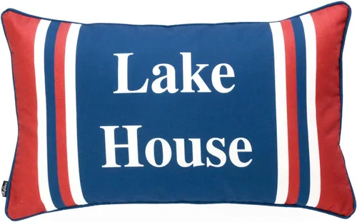 Hofdeco Funda decorativa de almohada lumbar solo para interiores y exteriores, lona resistente al agua, verano, lago, azul marino, rojo, palabra de