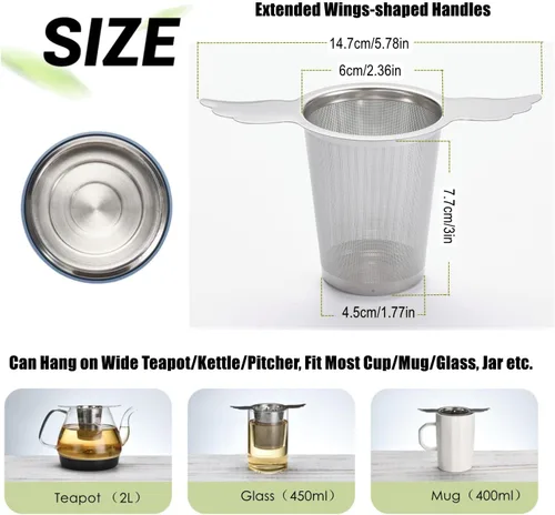 Miniatura 3 de 3 unidades de malla extra fina infusor de té con tapa/bandeja de goteo para té rooibos de hojas sueltas, filtro de té y café de acero inoxidable 304