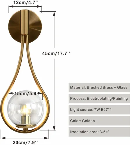 Miniatura 2 de BOKT Juego de 2 apliques de pared de vidrio con globo dorado, luces de tocador modernas de mediados de siglo, lámpara de tocador de baño de vidrio
