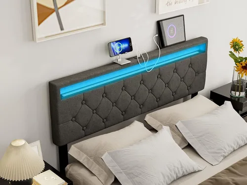 Miniatura 8 de IKIFLY Cabecera tapizada de tamaño matrimonial con luces LED y 2 puertos USB, altura ajustable, cabecera acolchada de tela de lino con botones