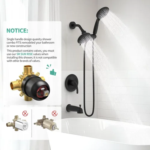 Miniatura 2 de SR SUN RISE Sistema de ducha con caño de bañera, juego combinado de grifo dual 2 en 1 de bañera y ducha de 35 funciones, kit de molduras de bañera
