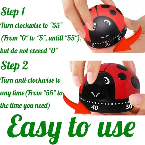 Miniatura 8 de Temporizador mecánico con forma de mariquita con cuerda de 60 minutos, temporizador giratorio manual de cuenta regresiva para horno, cocina, baño