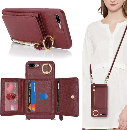 Miniatura 19 de Funda para iPhone 8 Plus con Portarjetas, Funda de Teléfono para iPhone 8 Plus con Correa Bandolera Cordón Anillo de Soporte, Funda Cartera iPhone 7