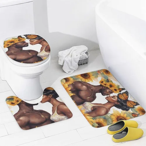 Miniatura 3 de Juego de 3 tapetes de baño de amor romántico para parejas afroamericanas, juego de 3 tapetes de baño para baño, cubierta lavable, decoración
