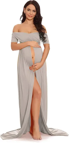 ZIUMUDY Vestido largo de maternidad con hombros descubiertos y fruncido con abertura frontal
