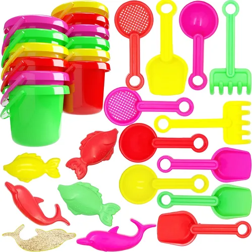 The Dreidel Company Mini juegos para el día de la playa (paquete de 12) cubo de arena de 3.25 pulgadas, la caja incluye cubo, pala, rastrillo,