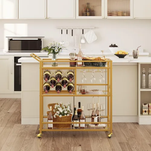 Miniatura 2 de FATORRI Carrito de bar dorado, carrito de servicio de bar con estante para vino y soporte para vasos, carritos de vino con ruedas con estantes