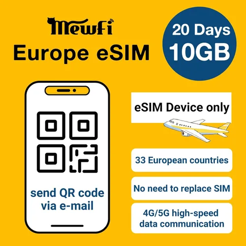 Europa eSIM 20 días 10GB, fácil activación y soporte de Whatsapp 24/7, conectividad 4G en más de 30 países europeos, para teléfonos desbloqueados