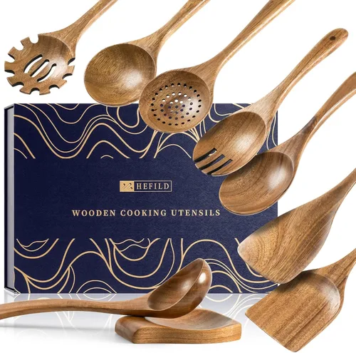 Miniatura 8 de Cucharas de madera para cocinar, juego de utensilios de cocina antiadherentes con 9 espátulas de madera de acacia y cucharas para cocinar, excelente