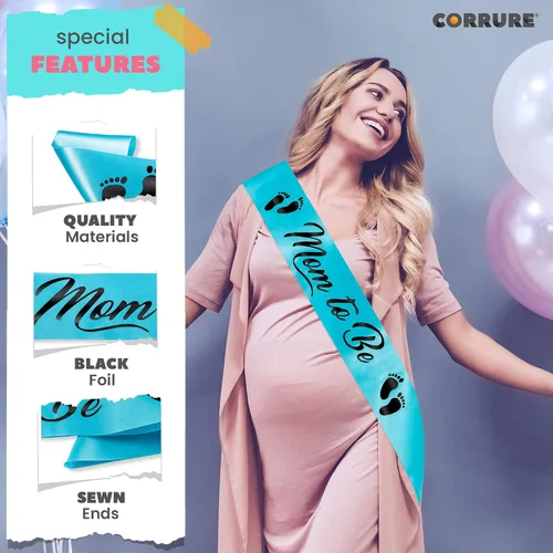 Miniatura 5 de CORRURE Baby Shower Mom to Be Faja para niño o niña – Hermosa cinta azul y texto de aluminio negro – Ideal para revelación de género, regalos
