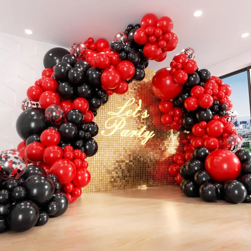 Kit de guirnalda de arco de globos rojos y negros con globos de confeti negro y rojo para graduación, aniversario, San Valentín, Año Nuevo,