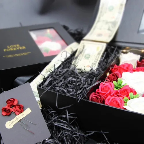 Miniatura 8 de Caja de dinero para regalo en efectivo - Caja de regalo de flores de lujo con tirador de dinero y tapa con flor y lazo, caja de regalo única