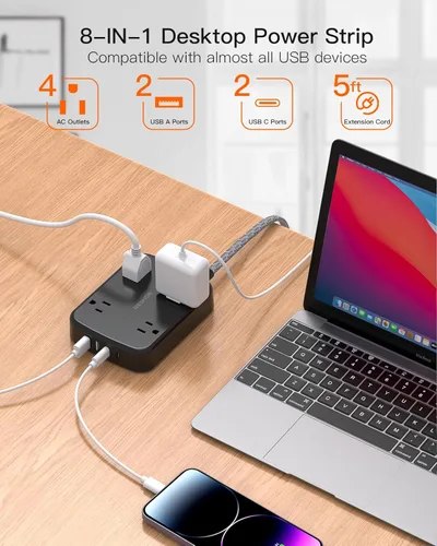 Miniatura 5 de Regleta de alimentación con protector de sobretensiones de 10 pies, cable de extensión plano con 2 USB C, regleta de alimentación de enchufe plano