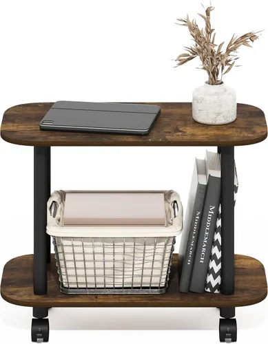 Miniatura 4 de Furinno Turn-N-Tube - Mesa auxiliar ovalada de 2 niveles con ruedas, mesita de noche de montaje sin herramientas, mesa de noche con estante abierto