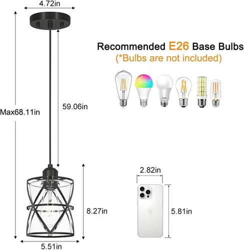 Miniatura 5 de DSMJFU - Paquete de 2 luces colgantes negras, iluminación colgante ajustable de vidrio transparente moderno para cocina, isla, dormitorio, baño
