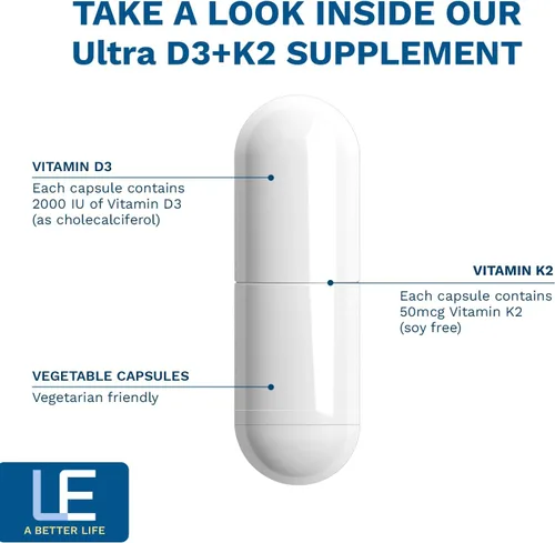 Miniatura 5 de Life Enhancement Vitamina D3 K2 2000iu apoya la salud muscular y cerebral - Suplemento D3 K2 ayuda en el apoyo inmunológico y cardiovascular