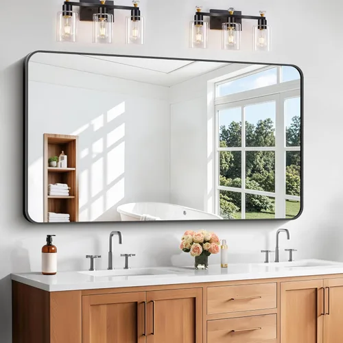 Miniatura 16 de Espejo de baño de 18 x 24 pulgadas con marco de metal negro rectangular, espejo de tocador rectangular de esquinas redondeadas, espejo de pared