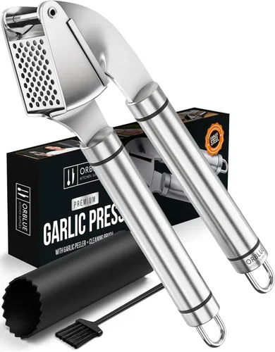 Orblue - Prensa de ajo de acero inoxidable - Juego de picadora, trituradora y pelador de ajo de grado profesional premium - Fácil de limpiar, apto
