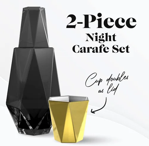 Miniatura 2 de American Atelier Juego de jarra y taza de noche geométrica moderna de 37 onzas, jarra de vidrio de 9 pulgadas con tapa y taza a juego, vasos Negro