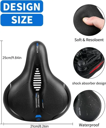 Miniatura 2 de MSDADA Cómodo cojín para asiento de bicicleta, asiento de bicicleta ancho cómodo para hombres y mujeres con doble absorción de impactos, acolchado