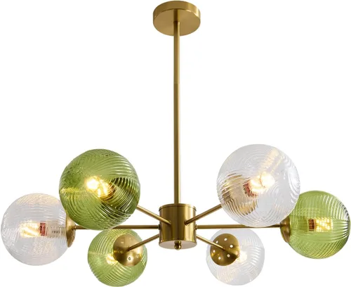 Miniatura 10 de KCO Lámpara colgante de techo de cristal verde de 6 luces con forma de globo moderno semiempotrado, lámpara de techo vintage de latón dorado Sputnik