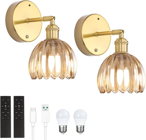 Miniatura 21 de Shenmoyl Aplique de Pared Vintage Operado por Batería con Linda Campana de Vidrio Tulipán Verde, Recargable Inalámbrica, Luz de Pared con Control
