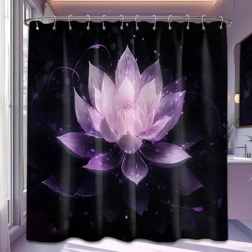 Miniatura 44 de Cortina de ducha con flores de loto negro y azul para decoración de baño, juego de cortinas decorativas de baño con estampado floral, tela