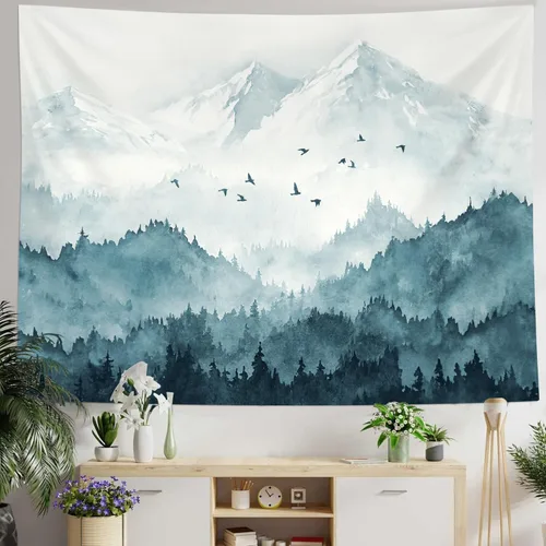 Miniatura 14 de kampdream Tapiz de bosque de montaña, tapiz de pared con diseño de árbol blanco y negro brumoso, paisaje de acuarela, tapiz de paisaje natural
