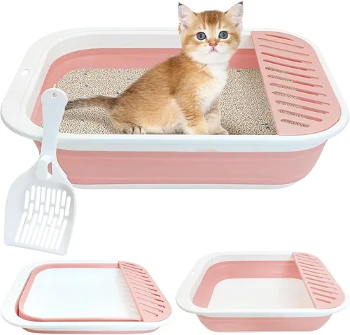 Miniatura 11 de Fhiny Caja de Arena para Gatos Portátil Caja de Arena Poco Profunda 17.7"x13.4"x4.9" Inodoro Plegable para Gatos con Pala Bandeja Abierta