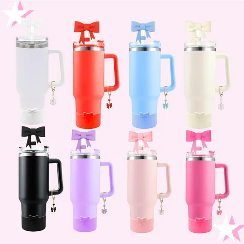 Miniatura 7 de Conjunto de accesorios para taza Hpebl para Stanley, incluye 2 tapas de pajita con moño lindo de 10 mm, tapones reutilizables para pajita, 1 funda