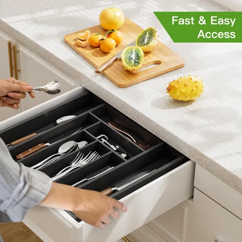 Miniatura 7 de Pipishell - Organizador de Cajones Extensible de Bambú para Soporte de Utensilios, Bandeja de Cubiertos Ajustable, Organizador de Divisores