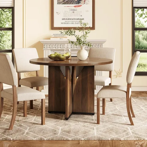 Miniatura 5 de LITTLE TREE Mesa de comedor redonda de 39 pulgadas para 4, mesa de cocina rústica con pedestal estable en forma de X, mesa de comedor