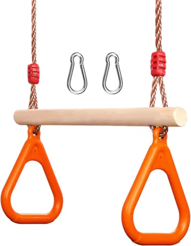 Miniatura 8 de PELLOR - Barra de trapecio de madera para juegos infantiles con anillos de gimnasio de plástico, juego de columpio para diversión en interiores