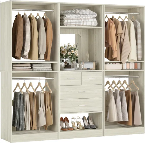 Miniatura 8 de Unikito Sistema de Armario Walk-in de 75 Pulgadas con 4 Cajones, Organizador de Armario de 6.3 Pies con Barras Colgantes y Diseño de Espejo, Armario