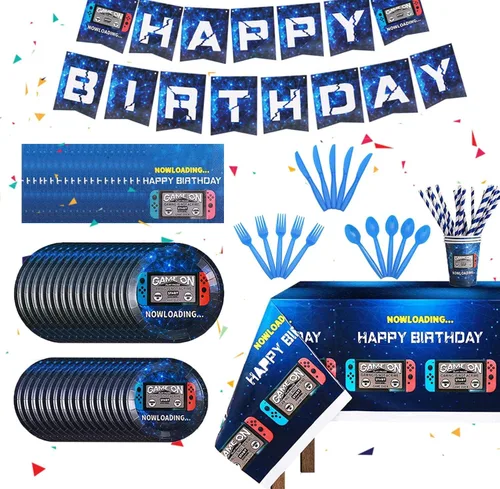 Kit de vajilla para fiesta de videojuegos de 162 piezas - Azul, sirve para 20 invitados - Incluye pancarta de feliz cumpleaños, platos, vasos,